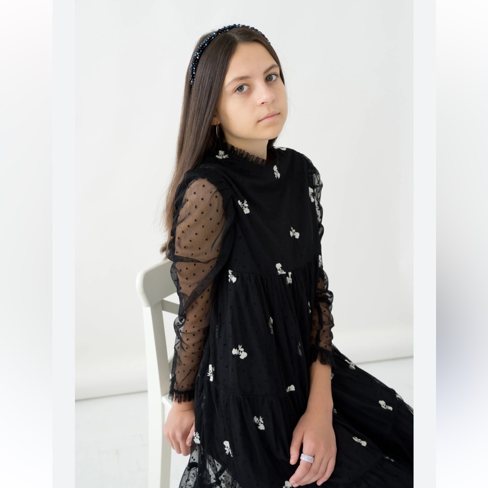 Zara Kids Girl Embroidered Tulle Dress Lined Black Sz 13-14 Sheer Long Sleeve